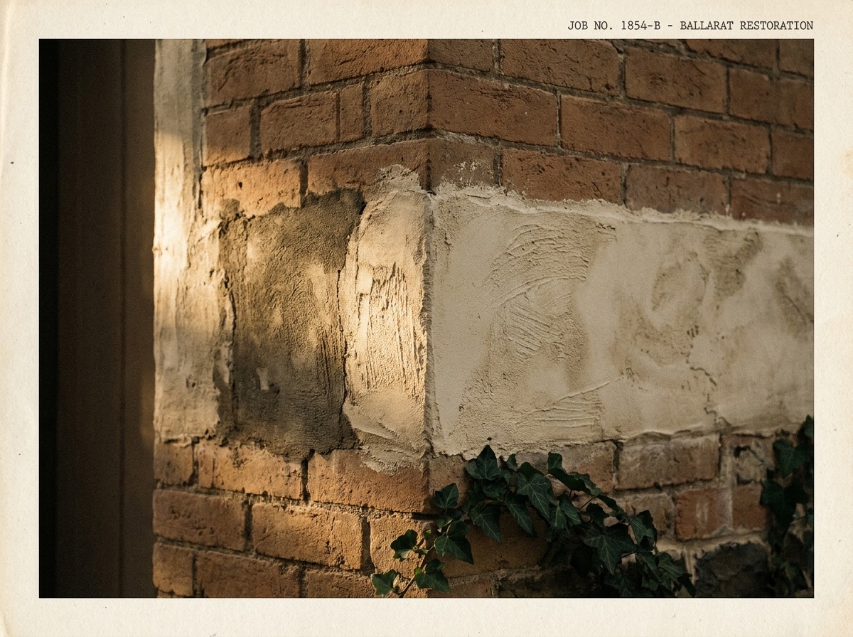 Detail of heritage lime render restoration on a Ballarat goldfields-era building